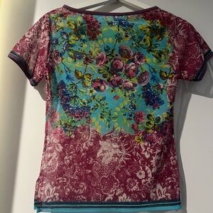 Y2K Sheer Mesh Floral Print Top Short Sleeve Boho Festival Tee S-M